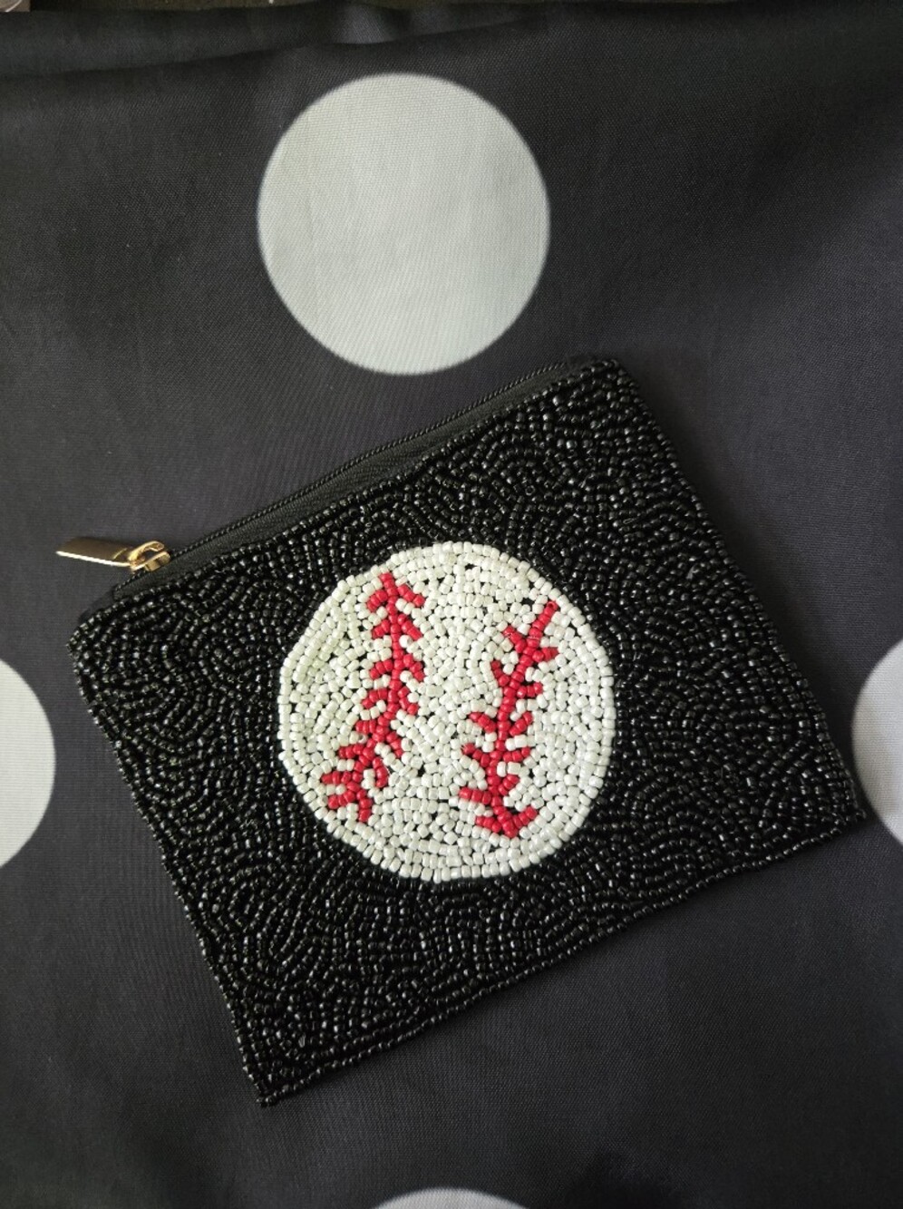 Beaded Baseball Zip Pouch - Black & White with Red Stitching NWOT